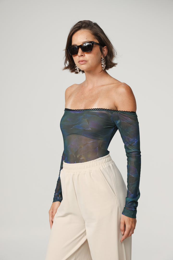Mesh Blue Off Shoulder Bodysuit