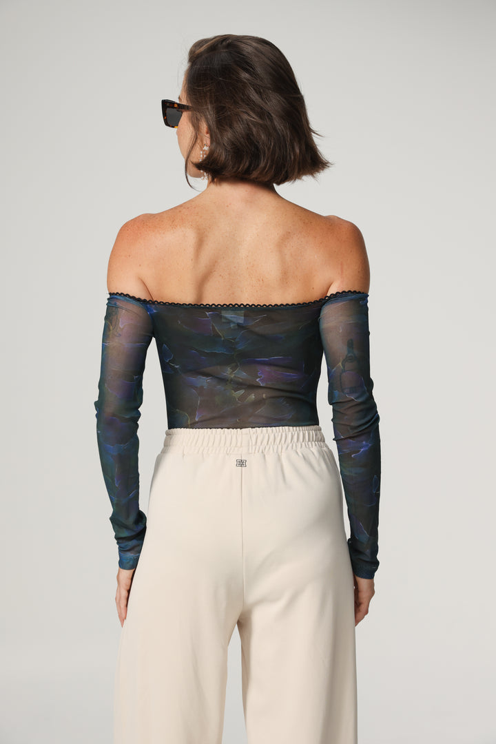 Mesh Blue Off Shoulder Bodysuit