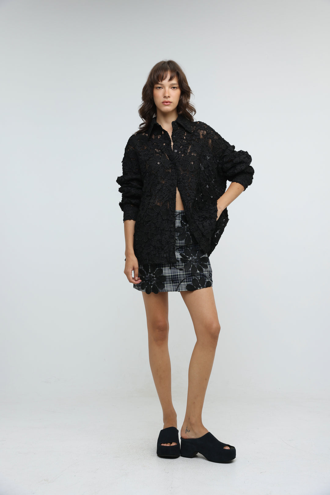 Floral Lace Black Buttoned Shirt