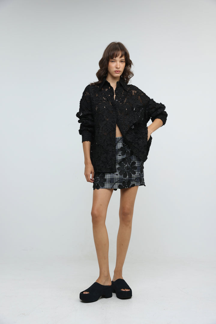 Floral Lace Black Buttoned Shirt
