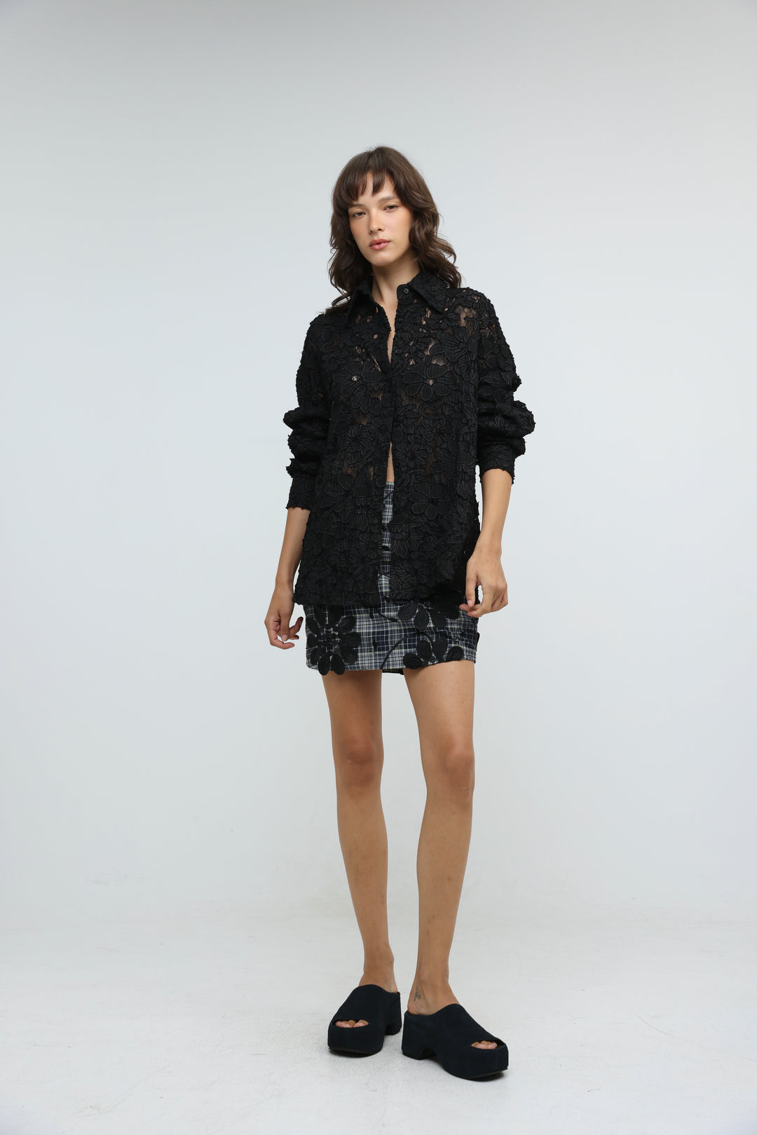 Floral Lace Black Buttoned Shirt