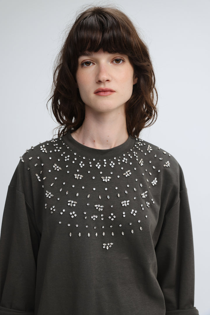 Dark gray sweatshirt with white rhinestones in floral and dot patterns across the chest front, Coco Grey Shirt