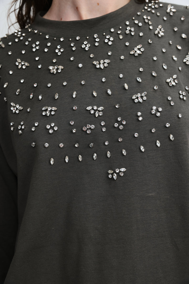 Coco grey shirt dark gray sweatshirt with sparkling silver rhinestones arranged in floral and scattered patterns front view