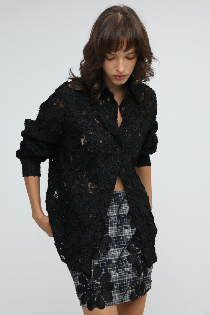 Floral Lace Black Buttoned Shirt