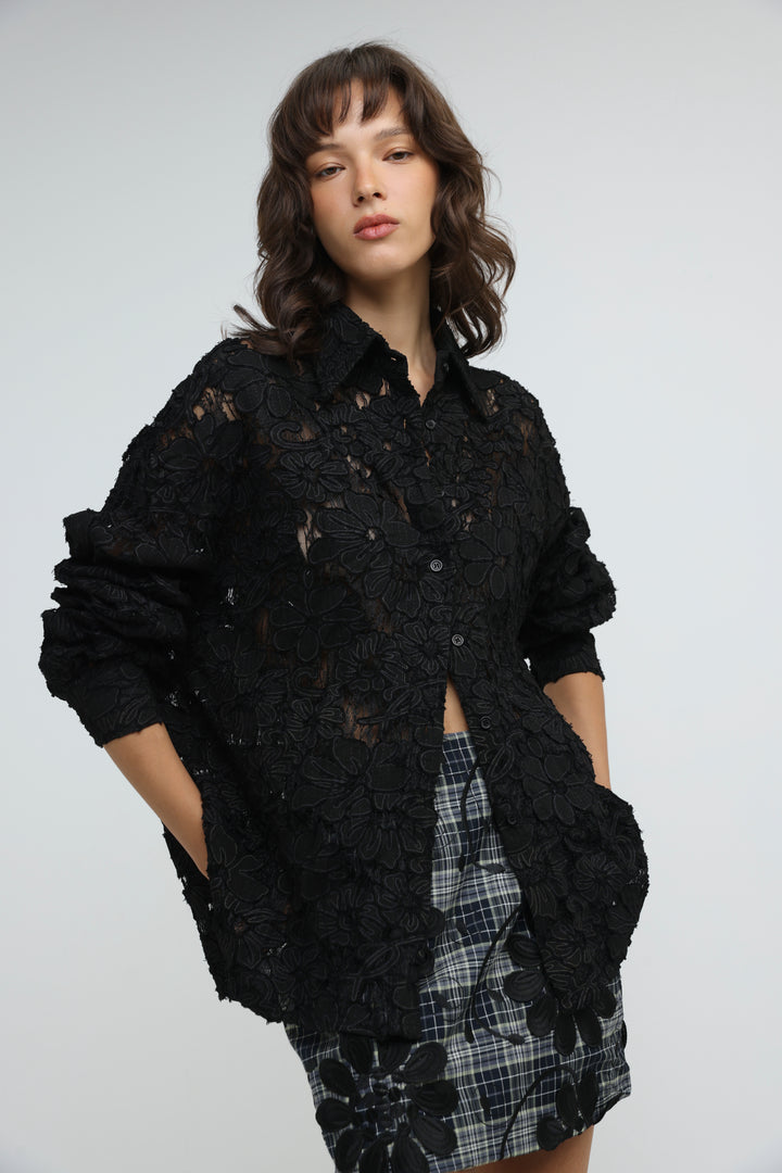 Floral Lace Black Buttoned Shirt