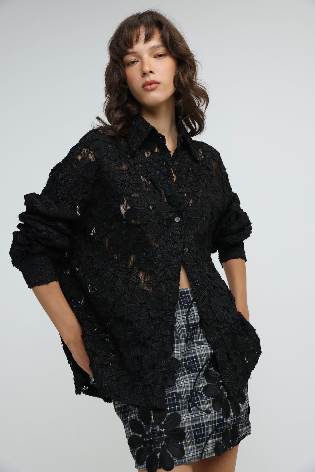 Floral Lace Black Buttoned Shirt