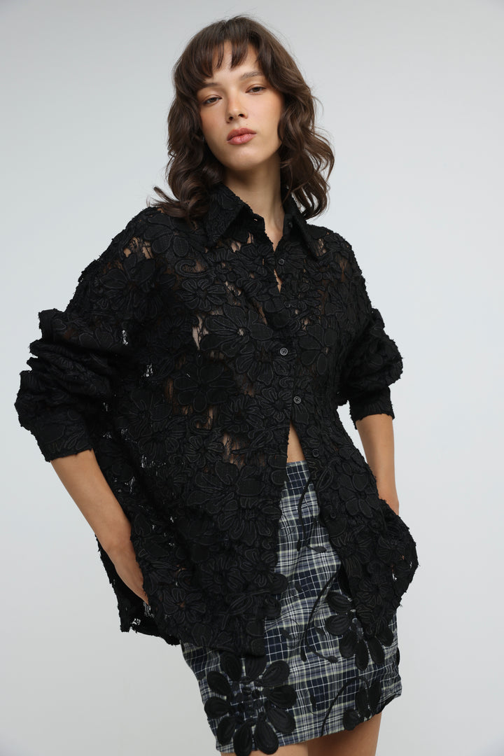 Floral Lace Black Buttoned Shirt