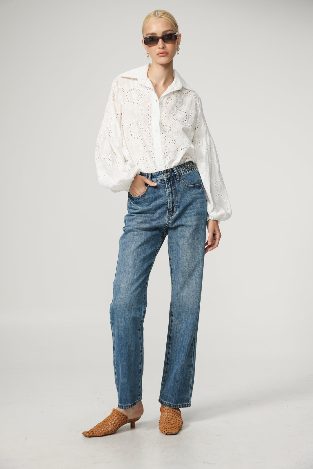 Balloon Embroidered White Buttoned Shirt