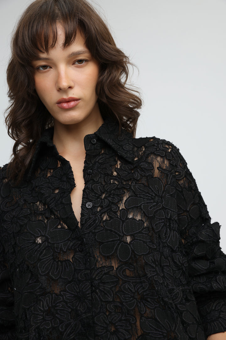 Floral Lace Black Buttoned Shirt