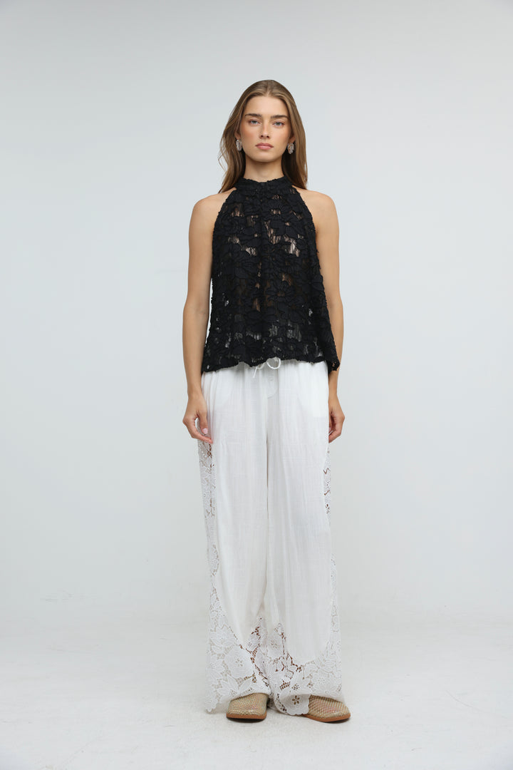 Floral Lace Black Halter Top