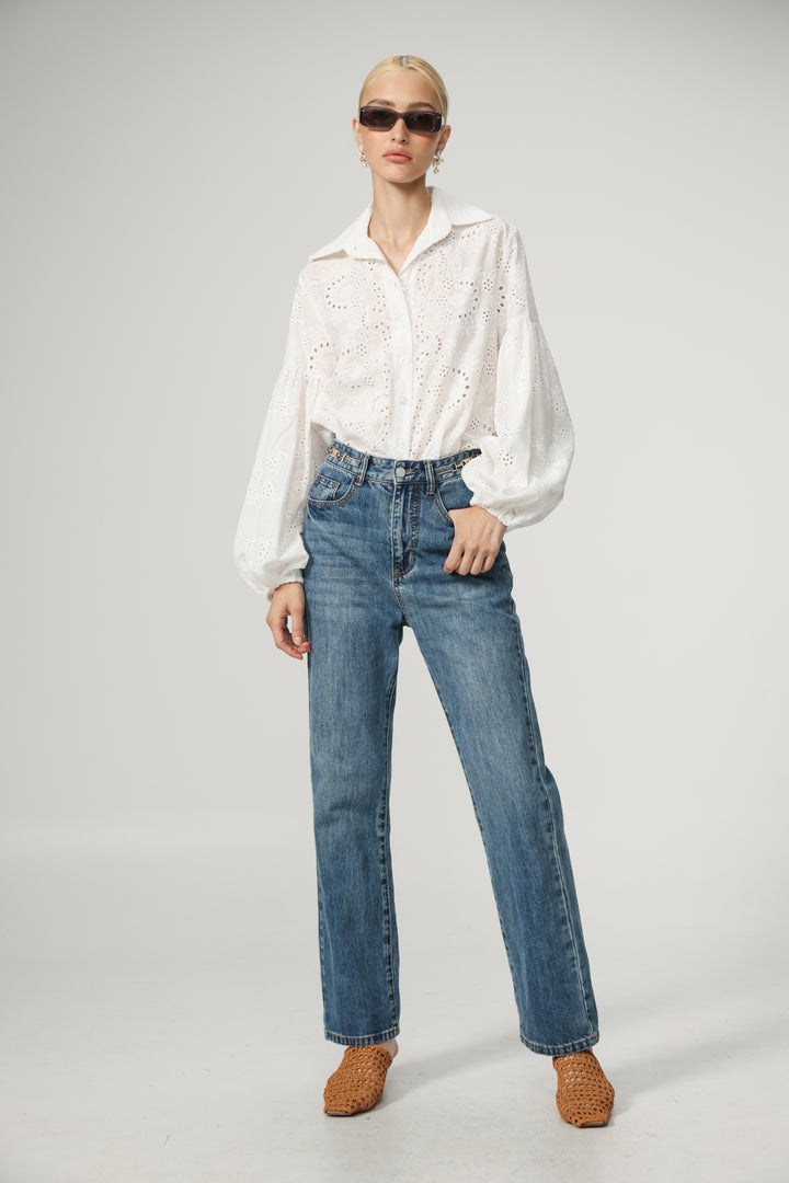 Balloon Embroidered White Buttoned Shirt