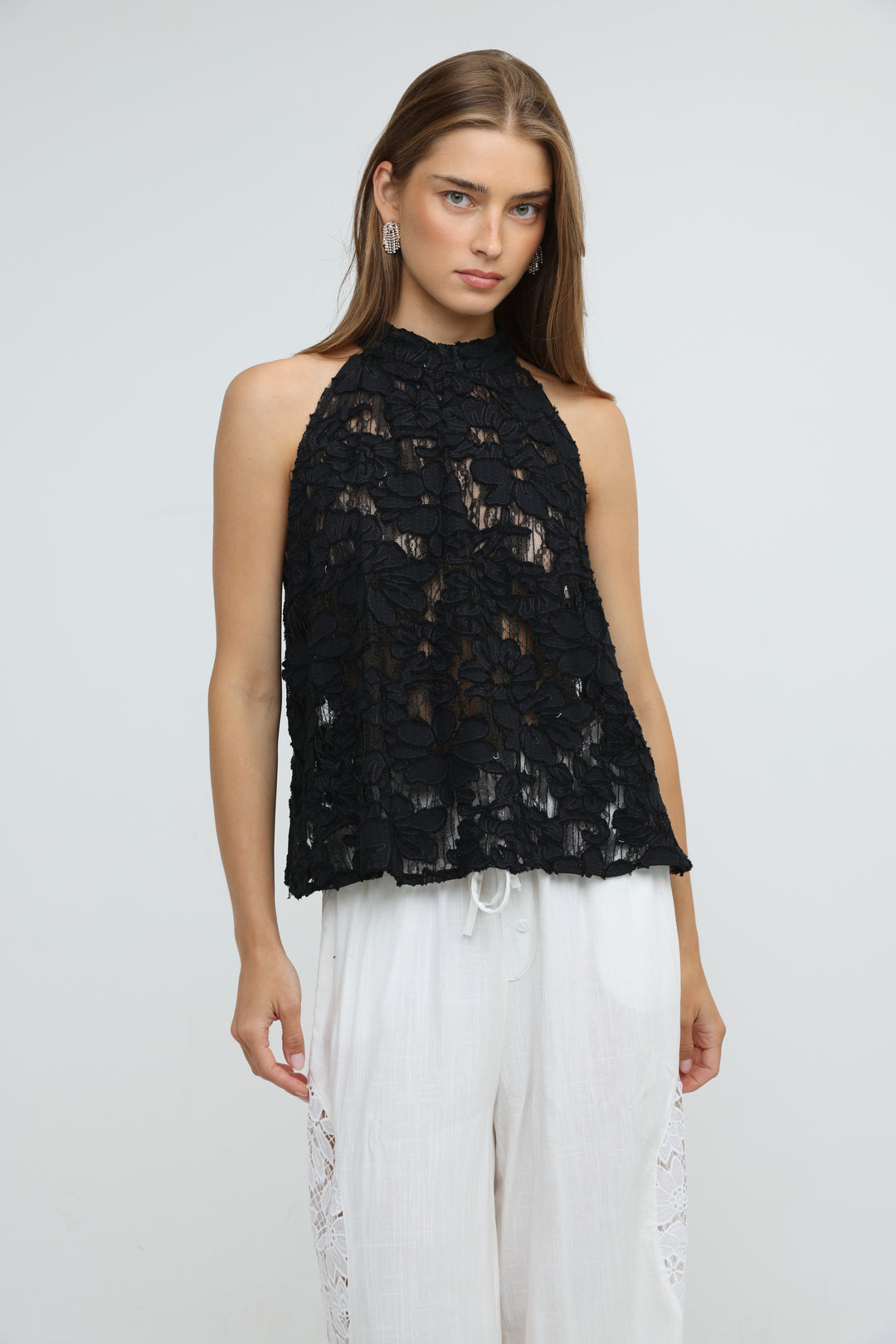 Floral Lace Black Halter Top