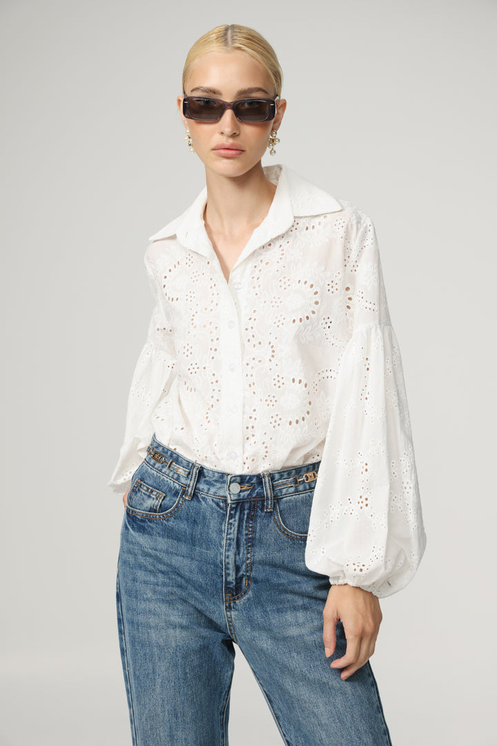 Balloon Embroidered White Buttoned Shirt