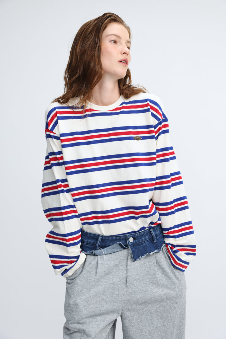 Federer blue striped long-sleeved sweater with bold red and blue horizontal stripes on a white base shown from the front