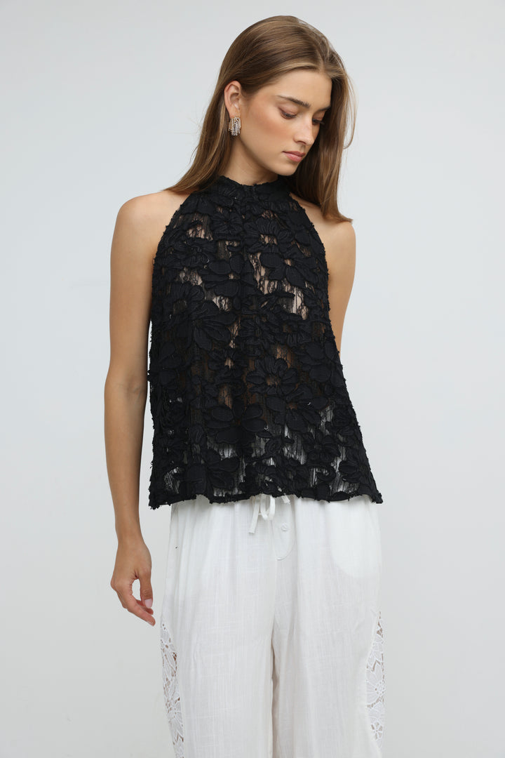 Floral Lace Black Halter Top