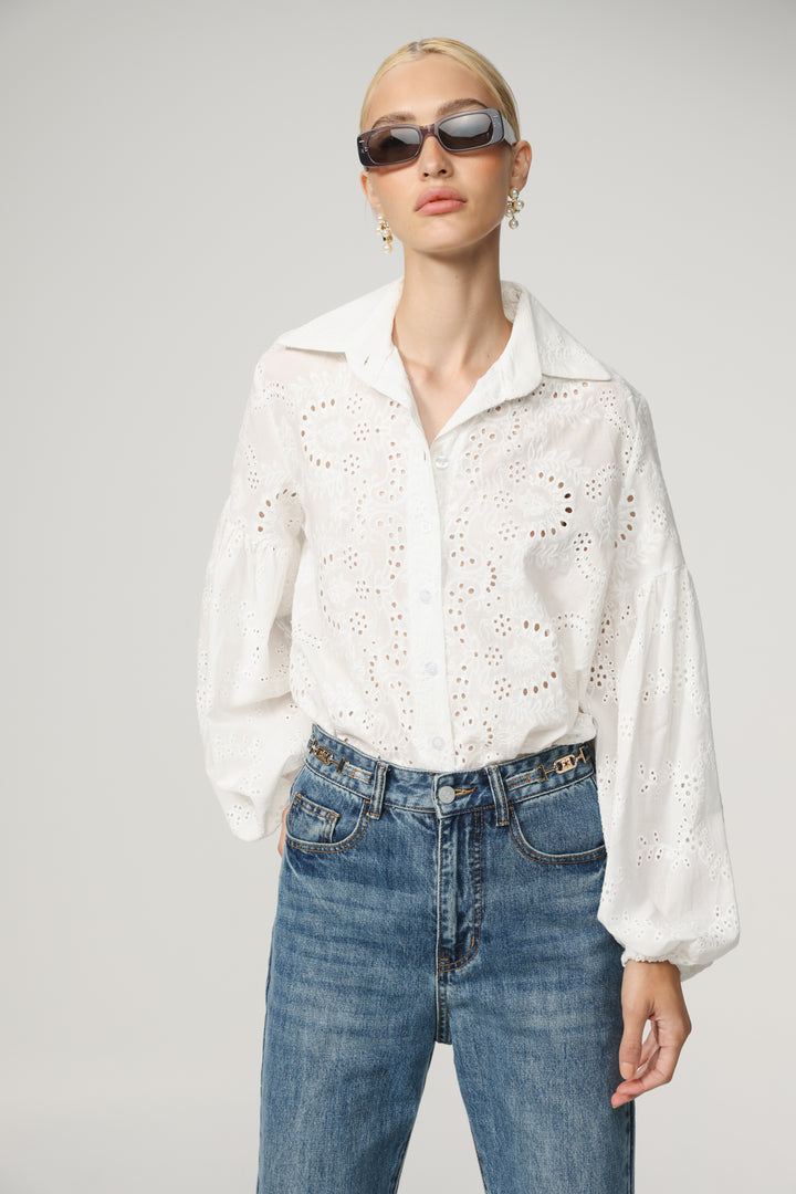 Balloon Embroidered White Buttoned Shirt