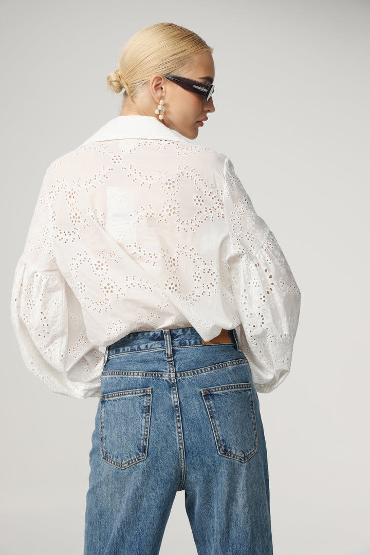 Balloon Embroidered White Buttoned Shirt