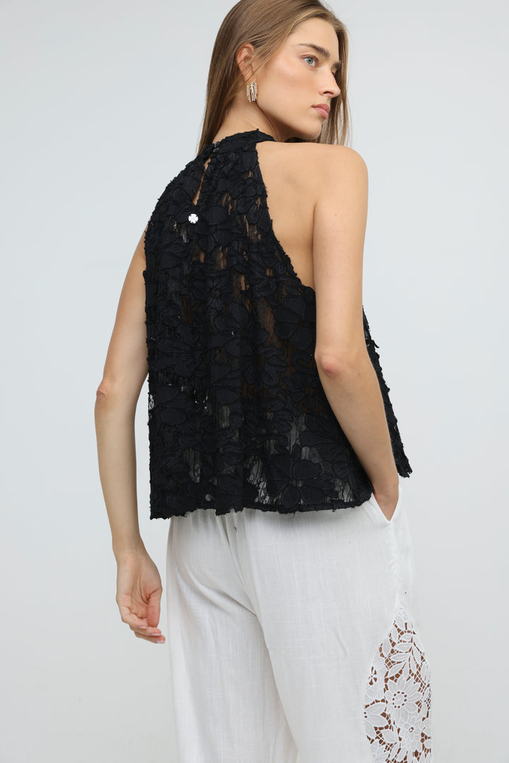 Floral Lace Black Halter Top