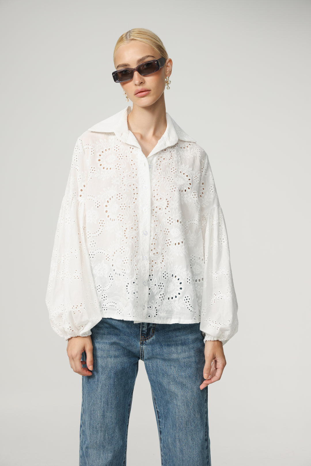 Balloon Embroidered White Buttoned Shirt