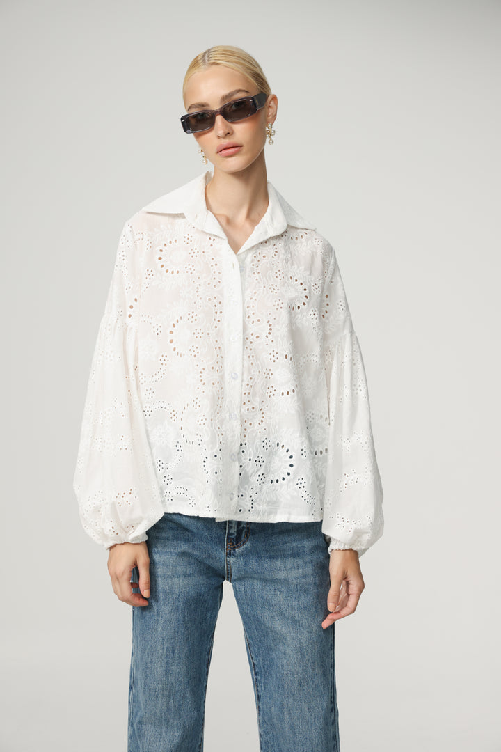 Balloon Embroidered White Buttoned Shirt