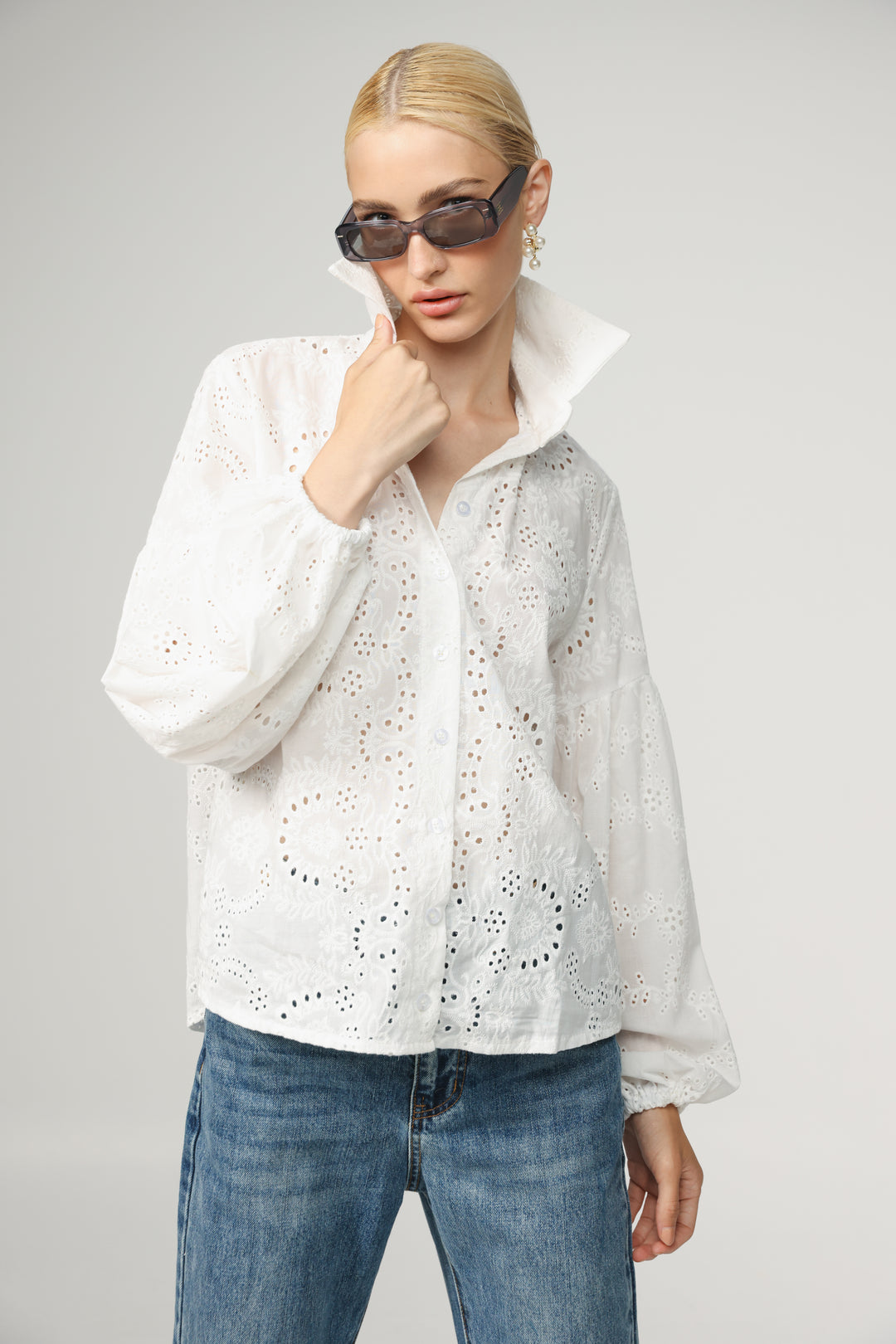 Balloon Embroidered White Buttoned Shirt