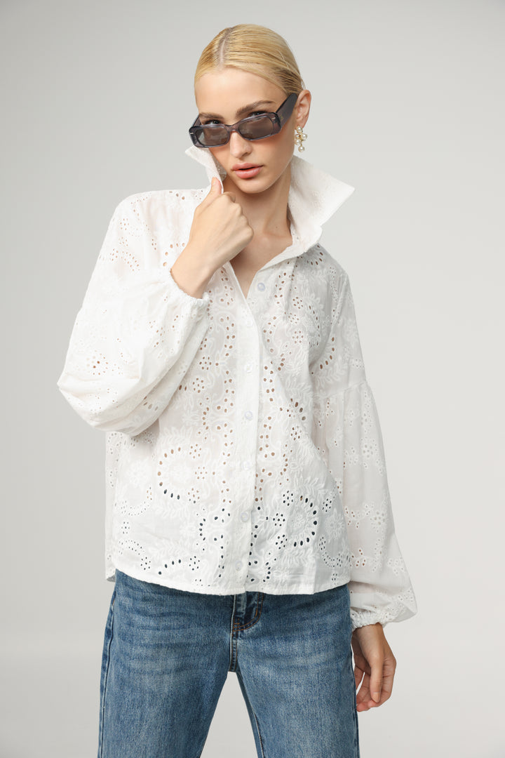 Balloon Embroidered White Buttoned Shirt