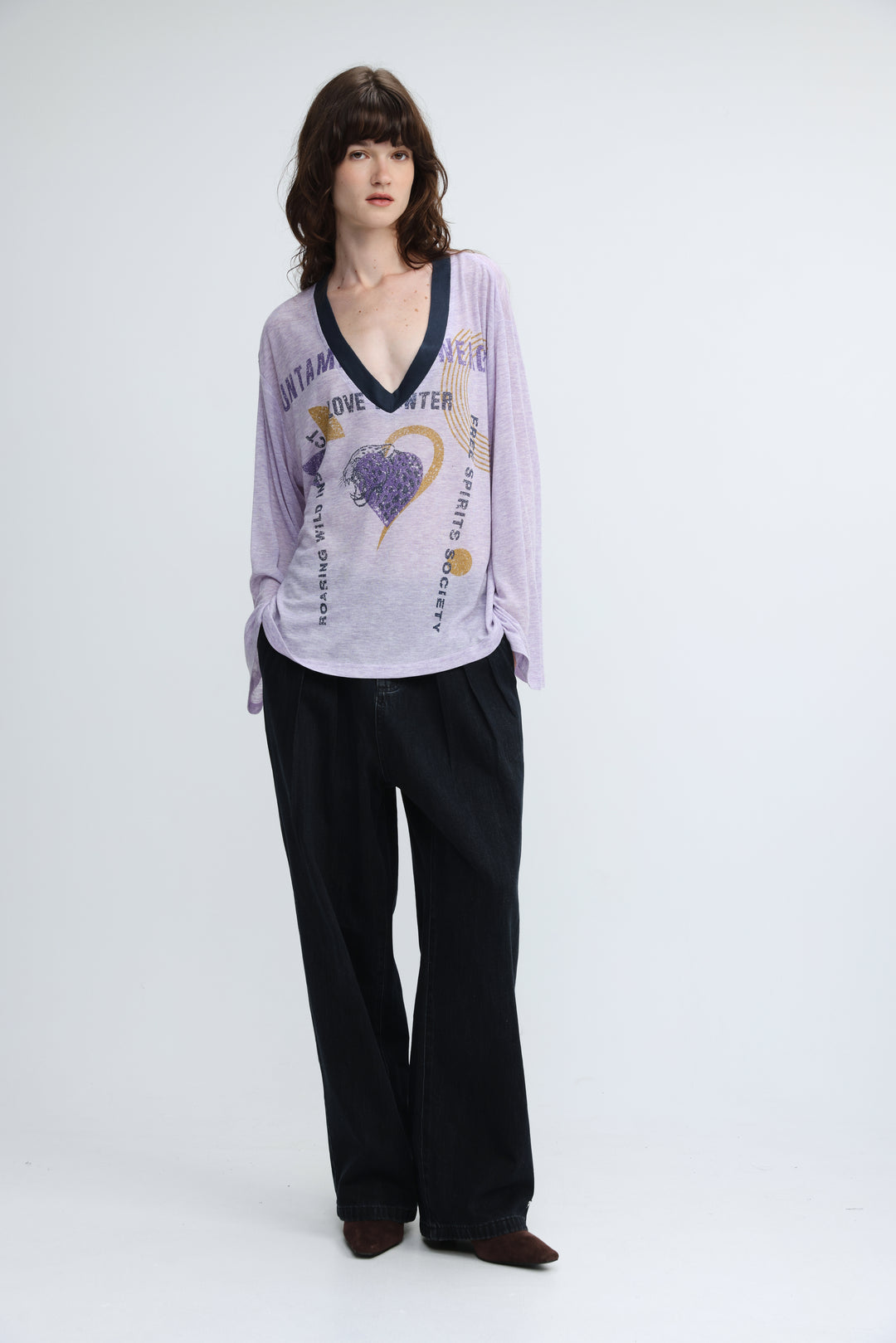 Lavender long-sleeved v-neck top with navy trim and graphic print front in jungle purple v shirt design