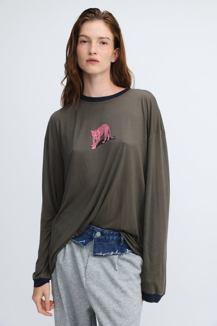 Pink tiger grey shirt with olive green sheer long sleeves navy trim and pink sequined leopard appliqué on front