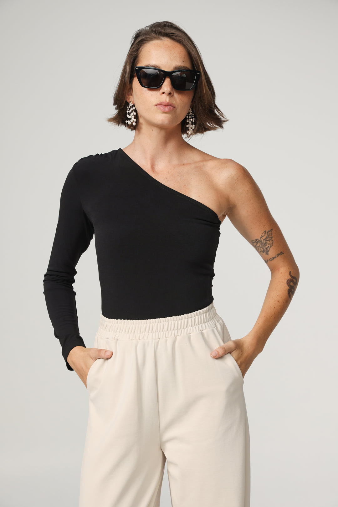 Black One Shoulder Padded Shirt