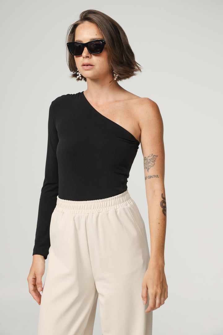 Black One Shoulder Padded Shirt