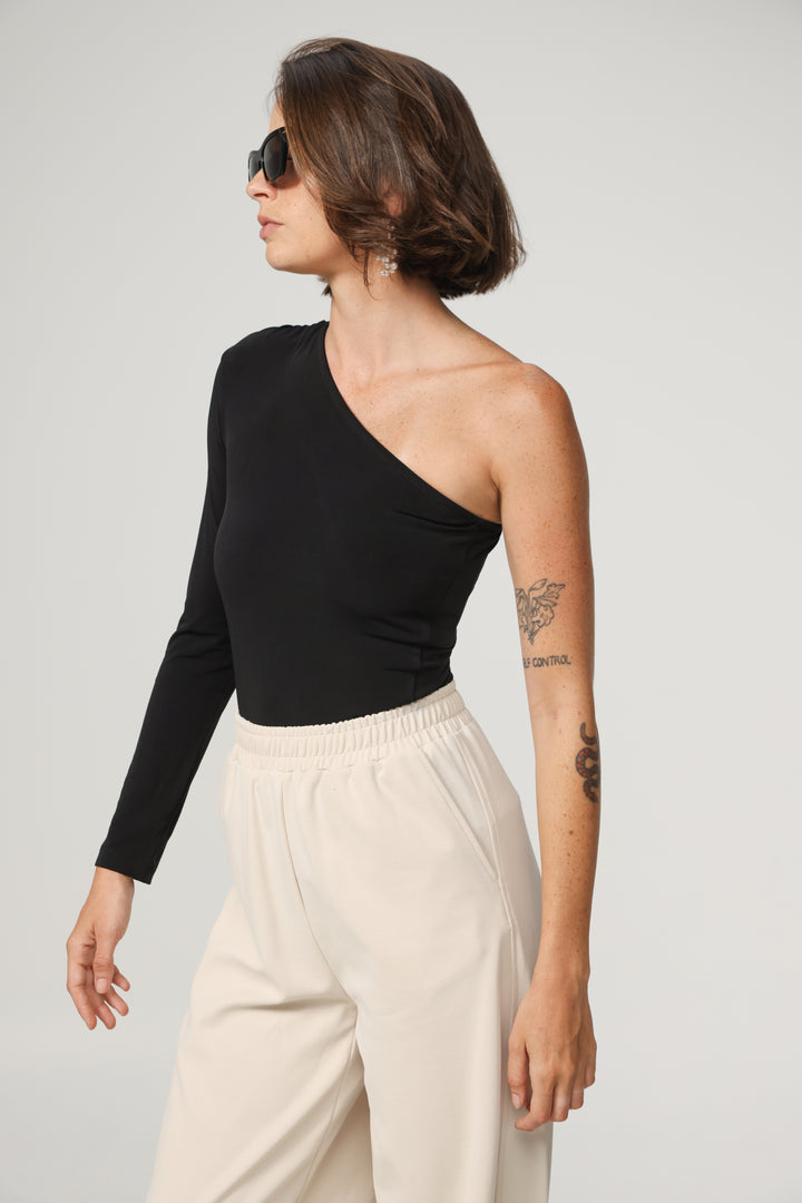 Black One Shoulder Padded Shirt