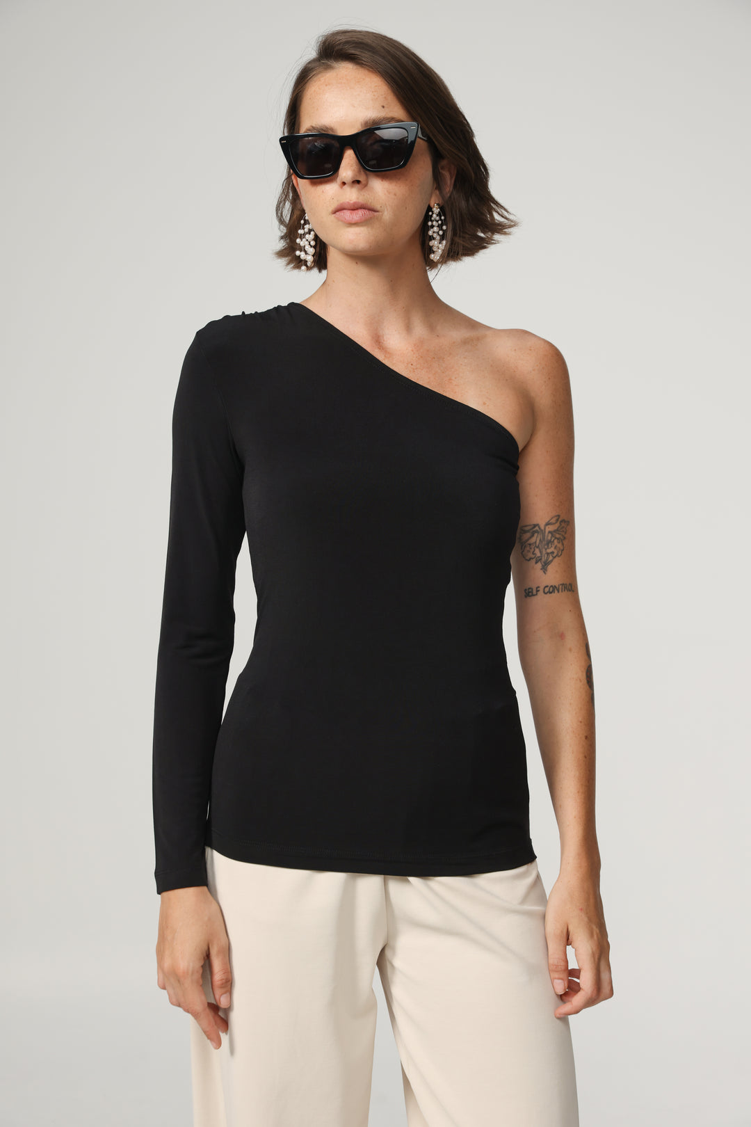 Black One Shoulder Padded Shirt