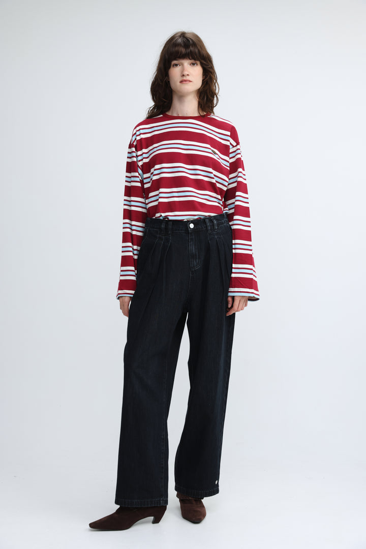 Red and white horizontally striped long-sleeved top with round neckline shown from the front