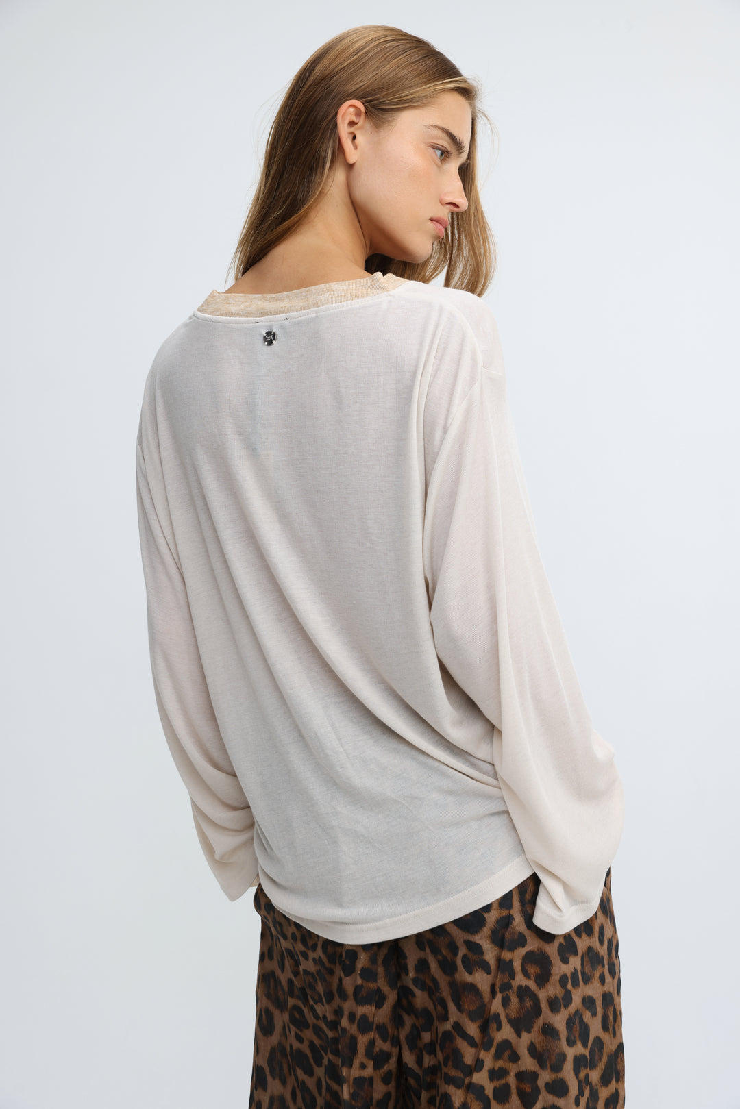 Jungle cream V shirt long-sleeved top in off-white with relaxed fit and subtle ruching at the back, front view