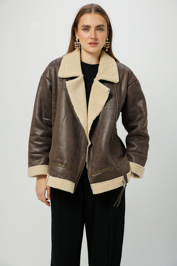 מעיל דמוי עור חום נשים Faux Leather Brown Coat
