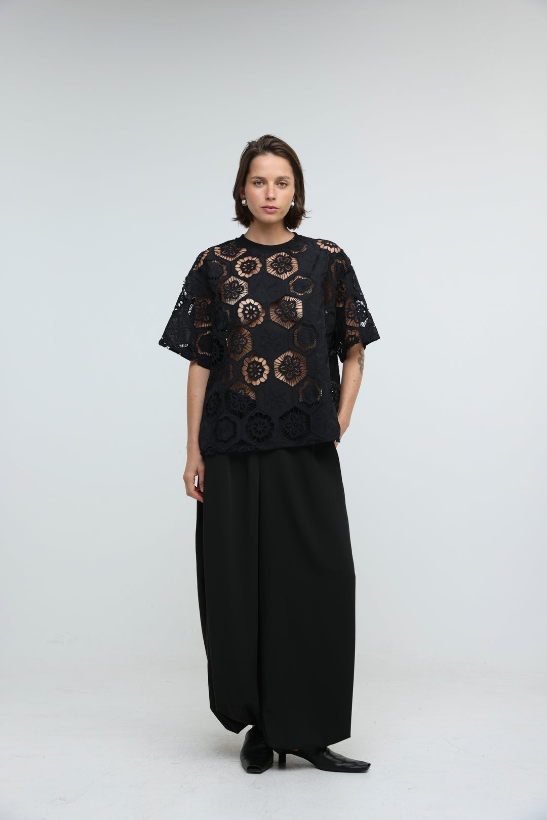 Floral Black Cutwork T-Shirt