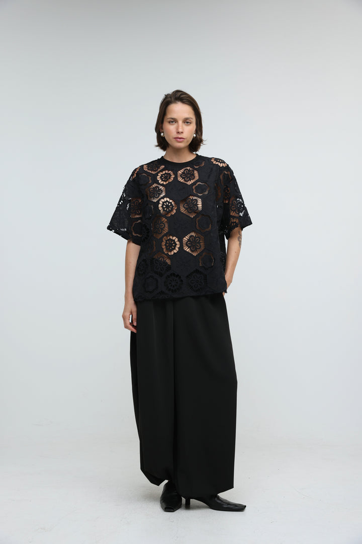 Floral Black Cutwork T-Shirt
