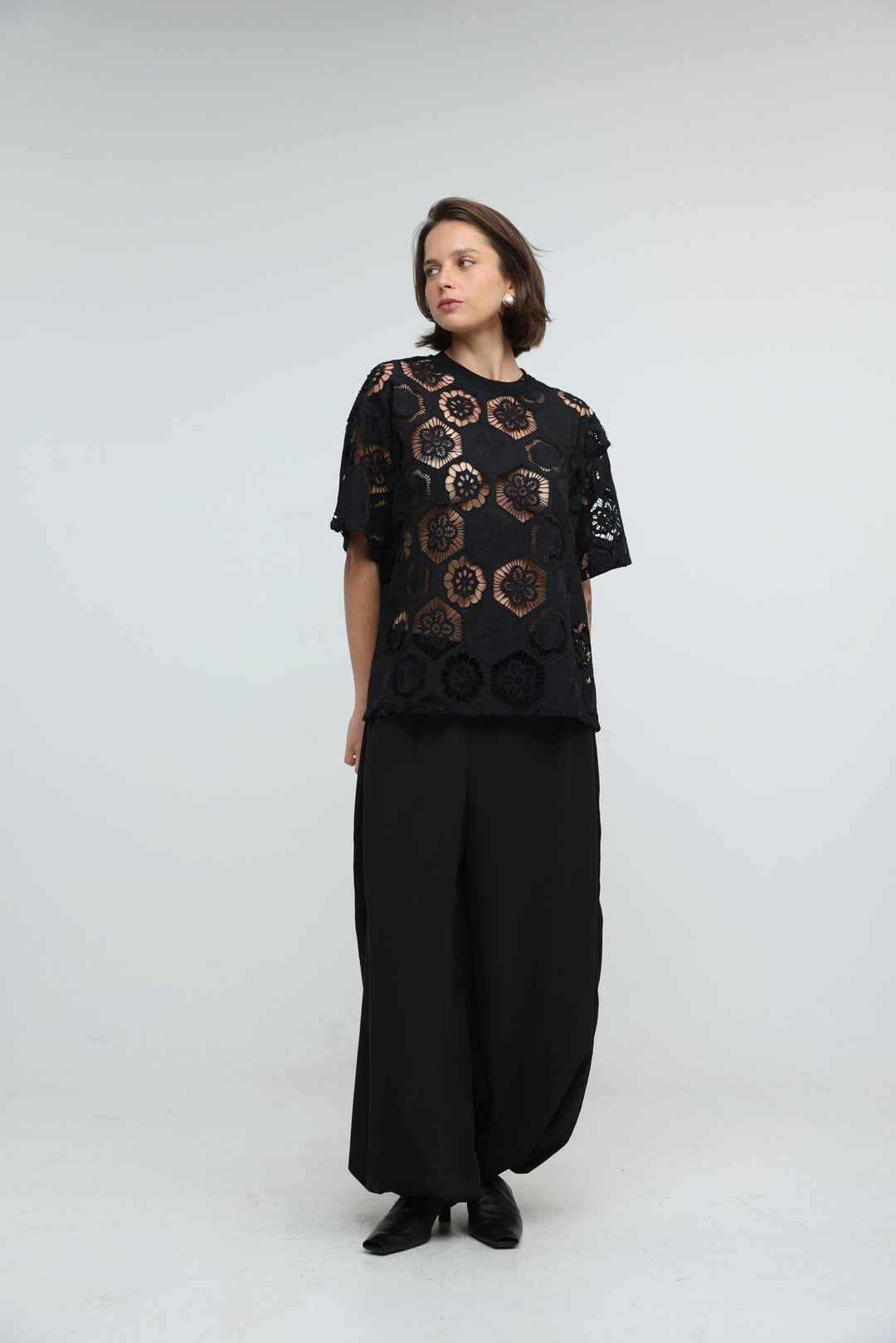 Floral Black Cutwork T-Shirt