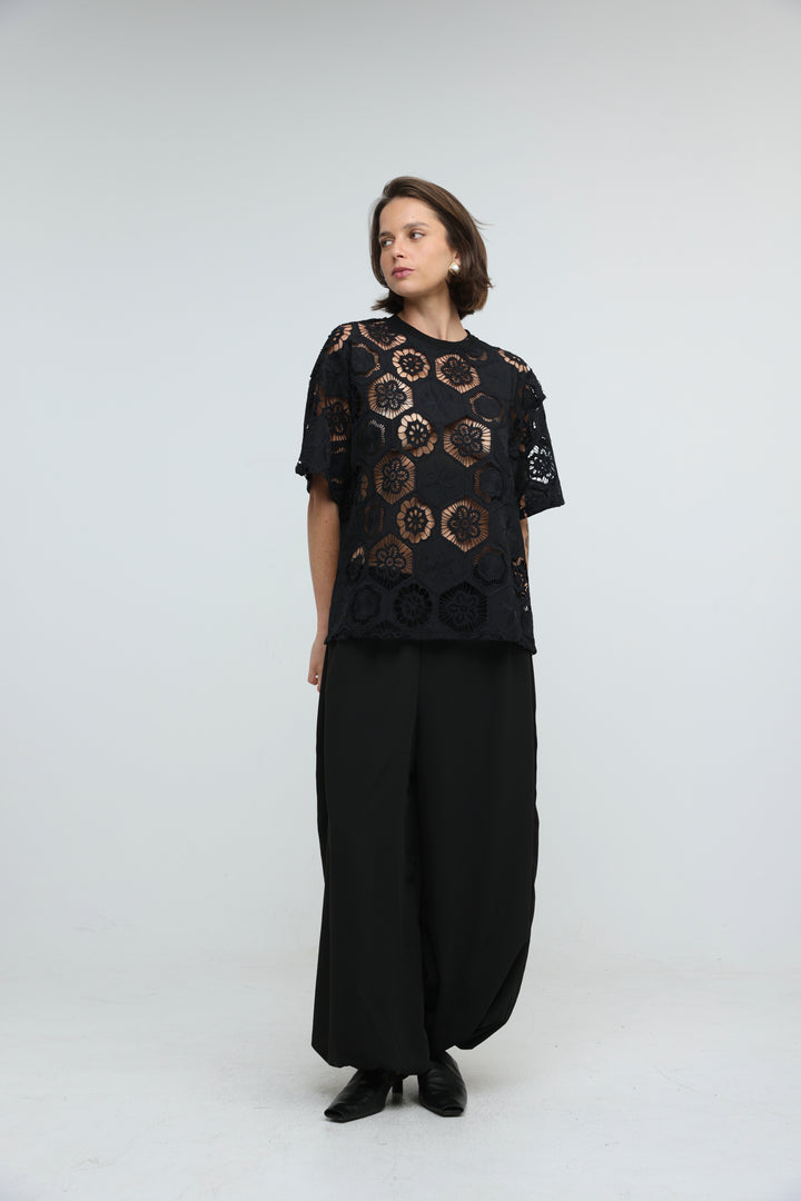 Floral Black Cutwork T-Shirt