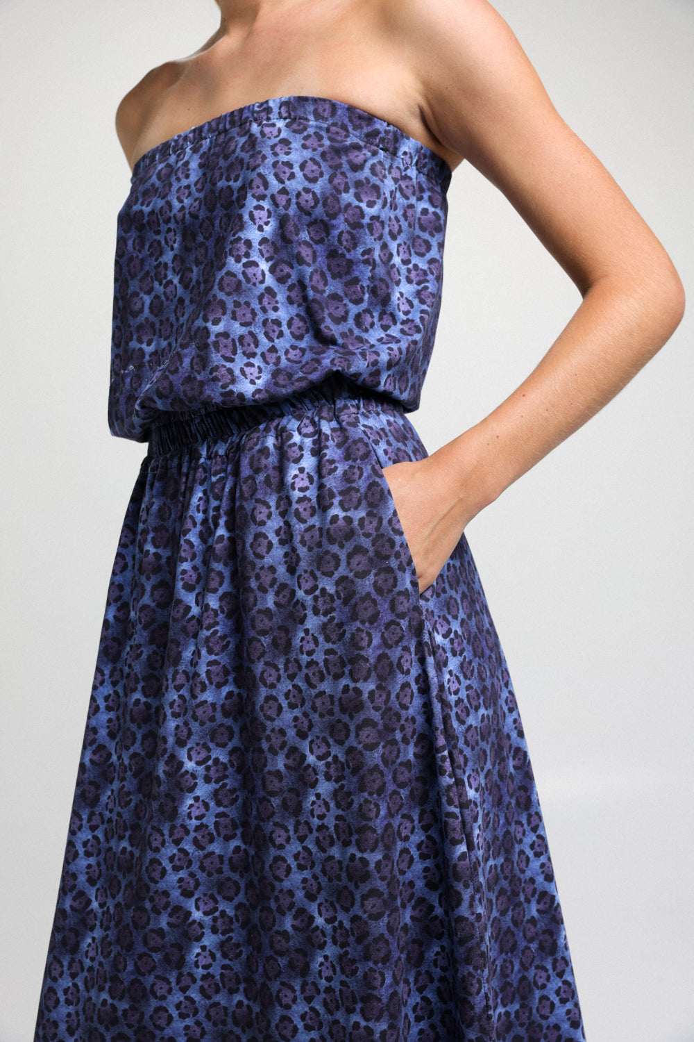 Her Strapless Blue Leopard Dress