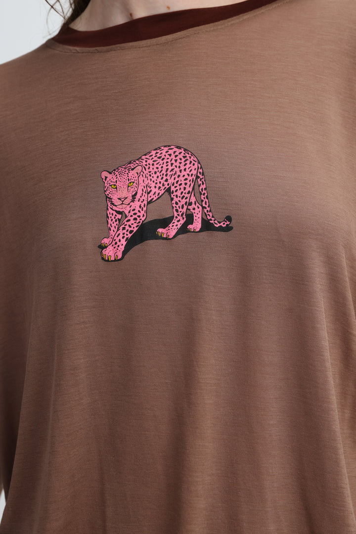 Pink tiger brown shirt showing front view with a pink leopard embroidered with black spots and yellow eyes