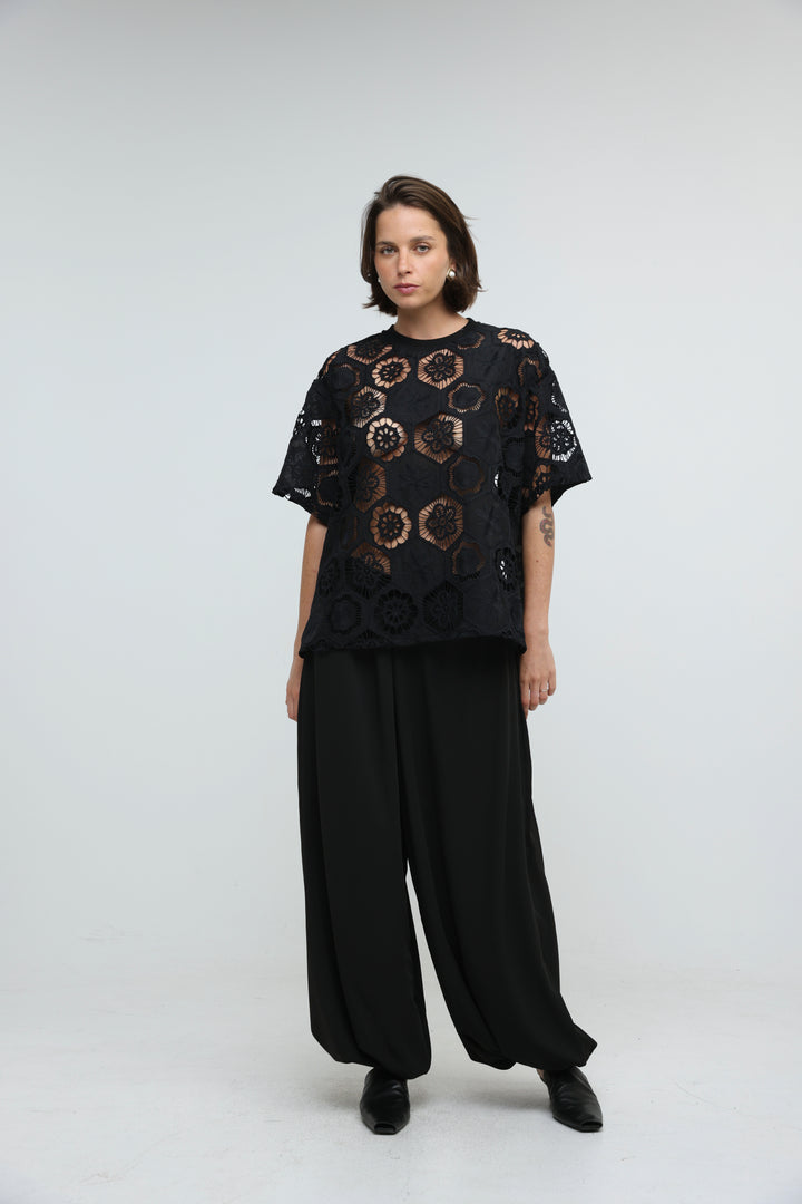 Floral Black Cutwork T-Shirt