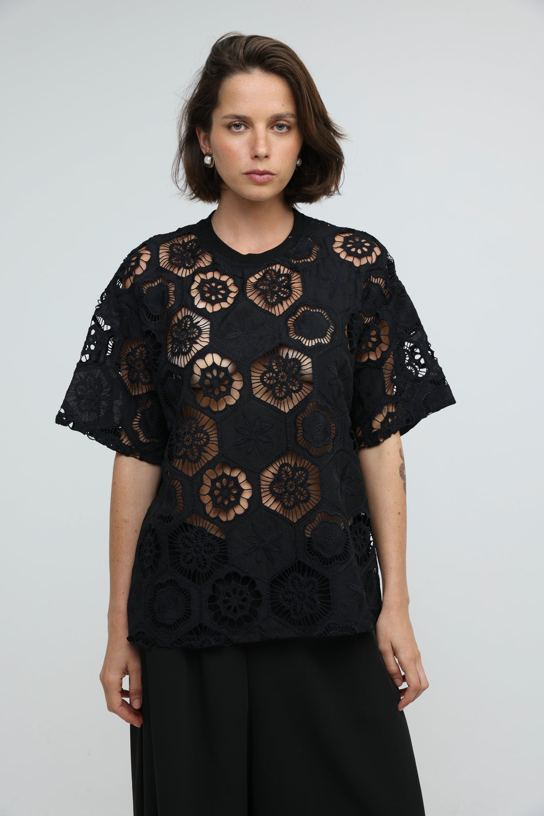 Floral Black Cutwork T-Shirt
