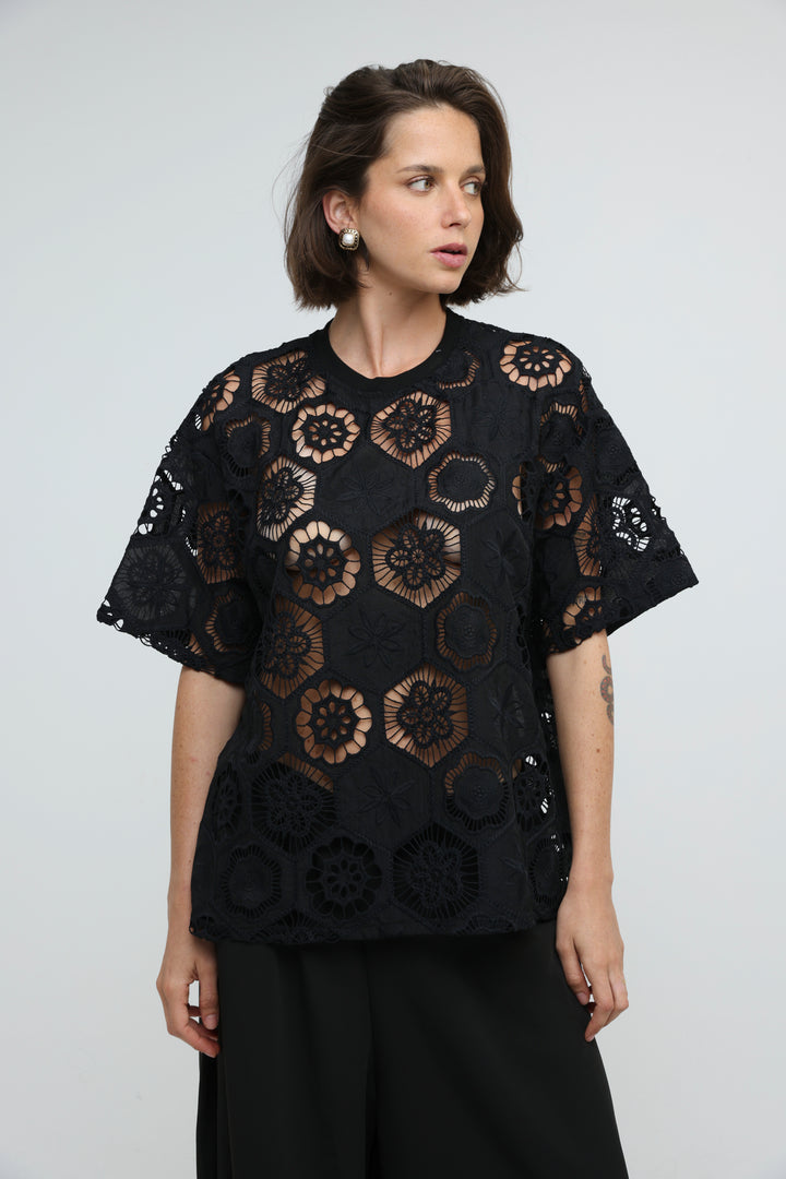 Floral Black Cutwork T-Shirt