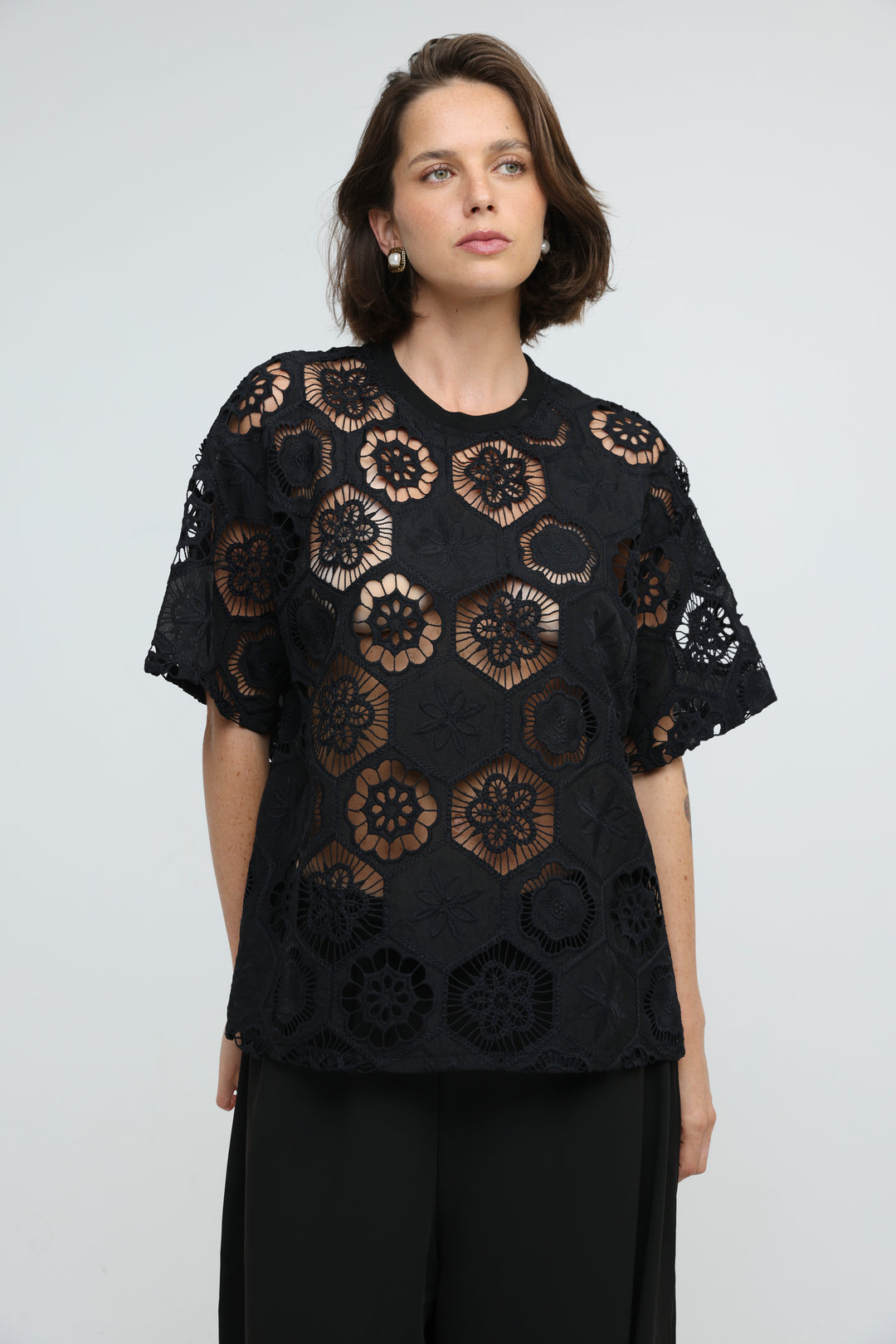 Floral Black Cutwork T-Shirt