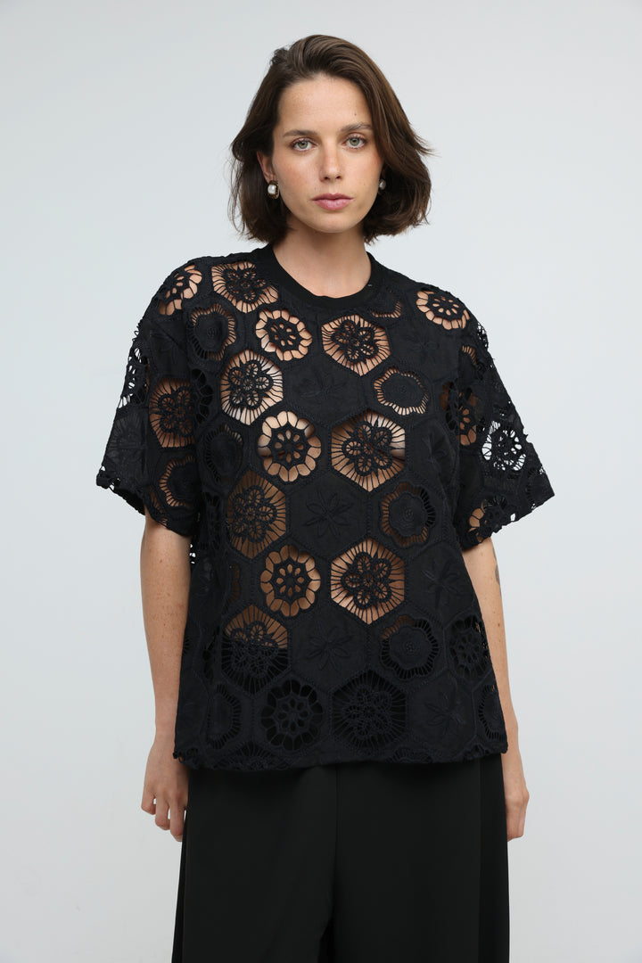 Floral Black Cutwork T-Shirt