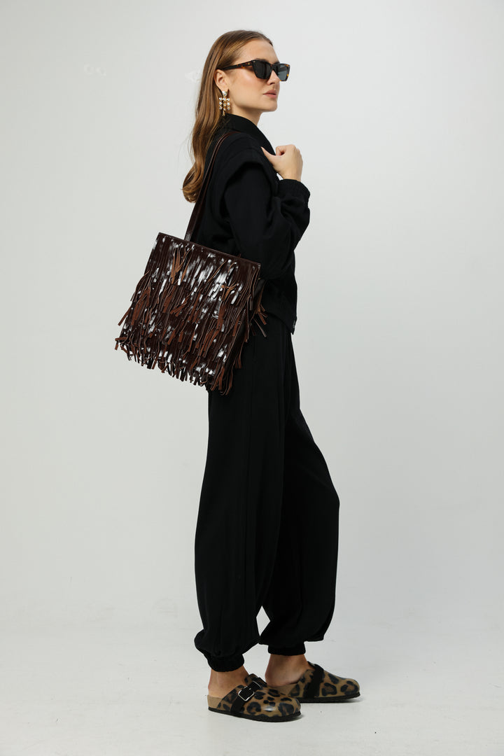 Square Brown Leather Fringe Bag