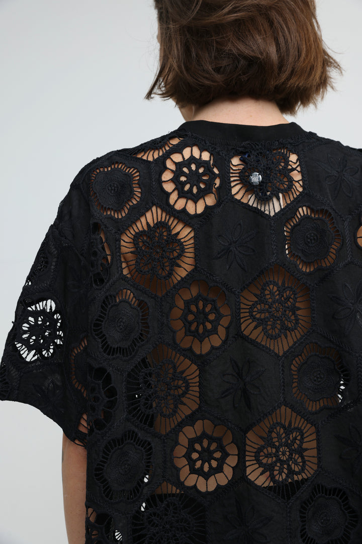 Floral Black Cutwork T-Shirt