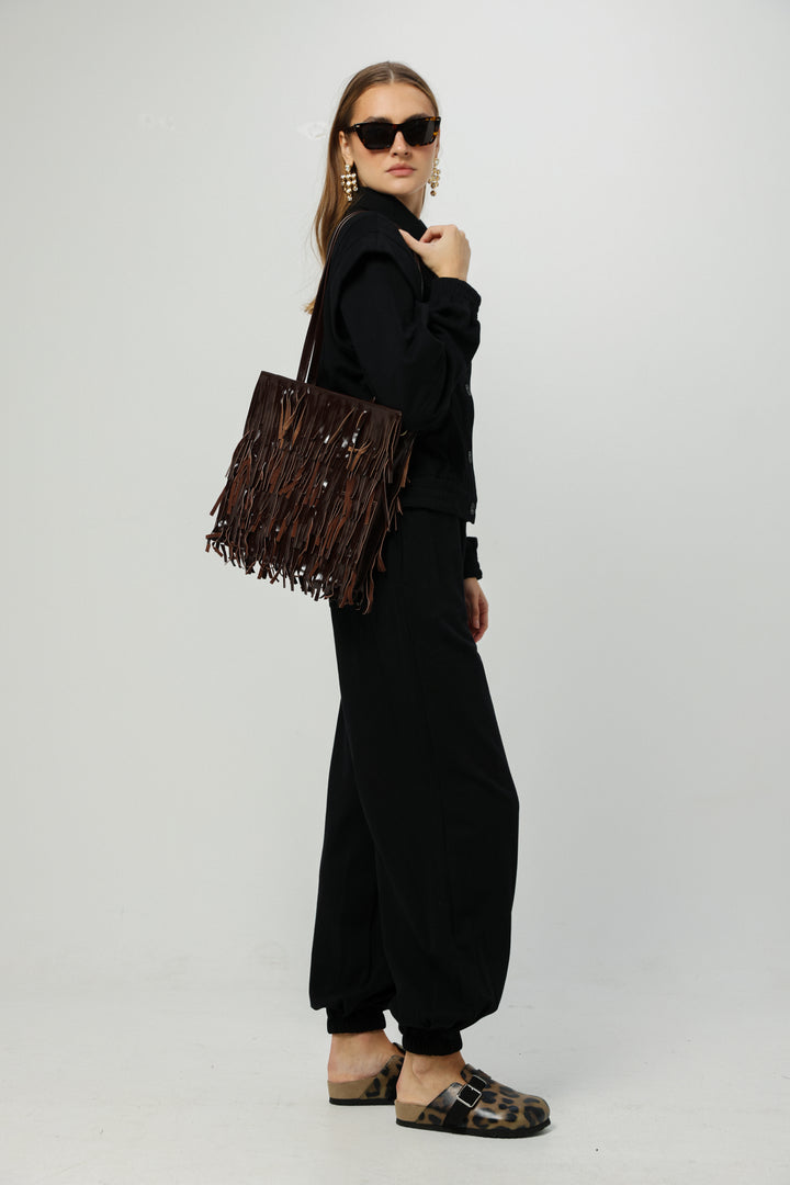 Square Brown Leather Fringe Bag