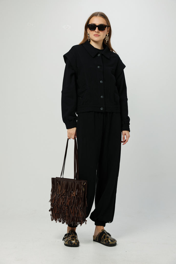 Square Brown Leather Fringe Bag